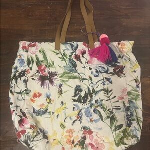 Floral Canvas Tote Bag with Pink Tassel